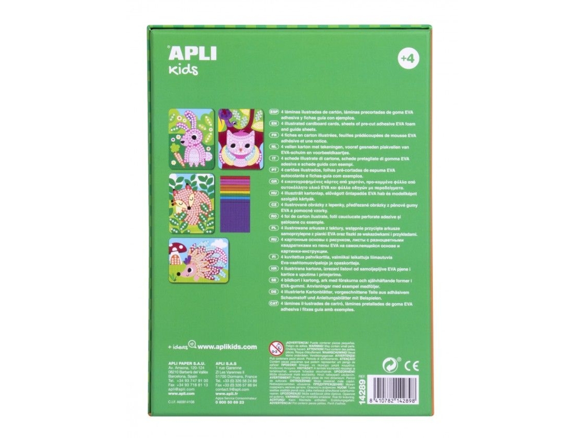 Embalagem verde APLI kids com desenhos de animais e texto multilingue.