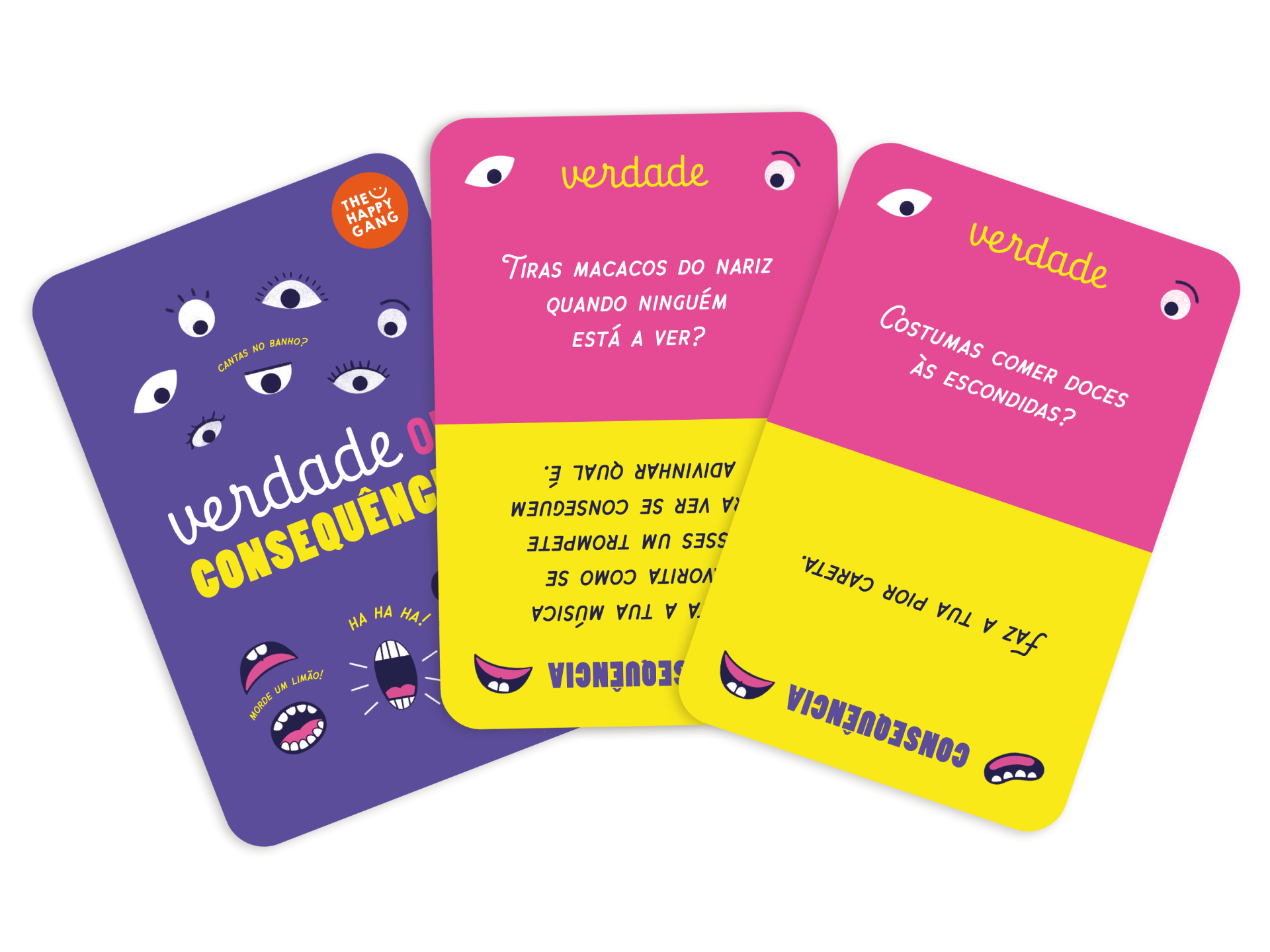 Três cartas de jogo em cores roxa, rosa e amarela, com texto em português e desenhos de olhos e bocas.