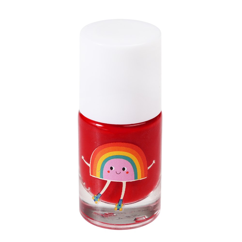 Frasco de verniz de unhas vermelho com tampa branca e desenho de arco-íris sorridente