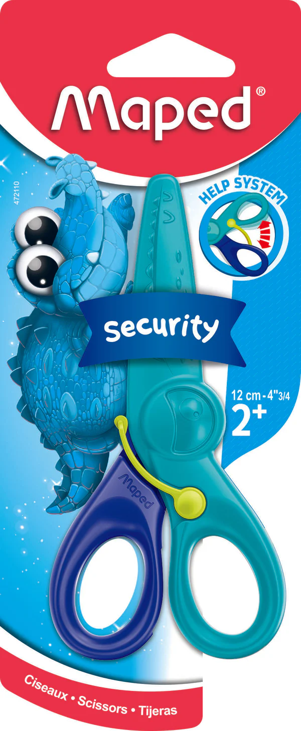 Tesoura Maped Security azul e verde para crianças com lâminas cobertas