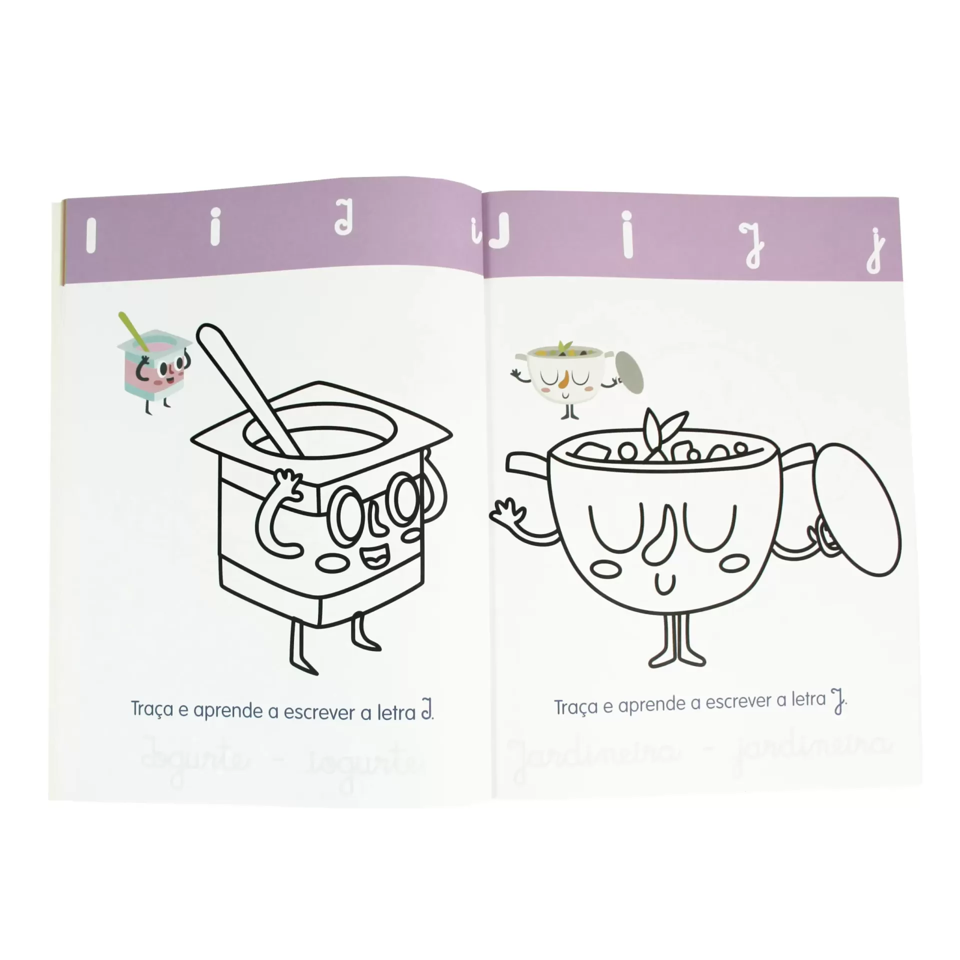 Página dupla de livro infantil para colorir com ilustrações de iogurte e tigela e letras j no topo.