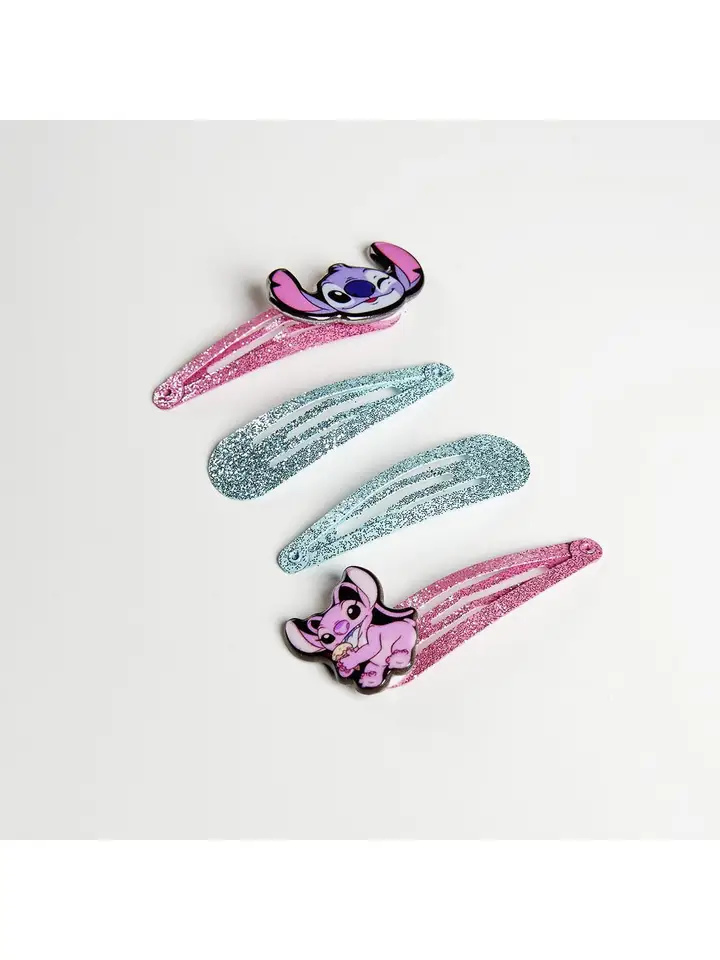 Conjunto de quatro molas para cabelo brilhantes com personagens Stitch em fundo branco