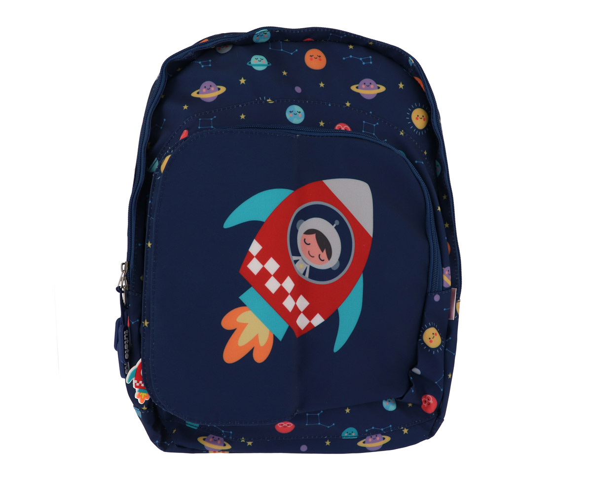 Mochila azul com estampado espacial e foguetão vermelho