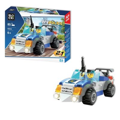 Brinquedo de construção Blokci My Police viatura policial azul e branca com figura de polícia.
