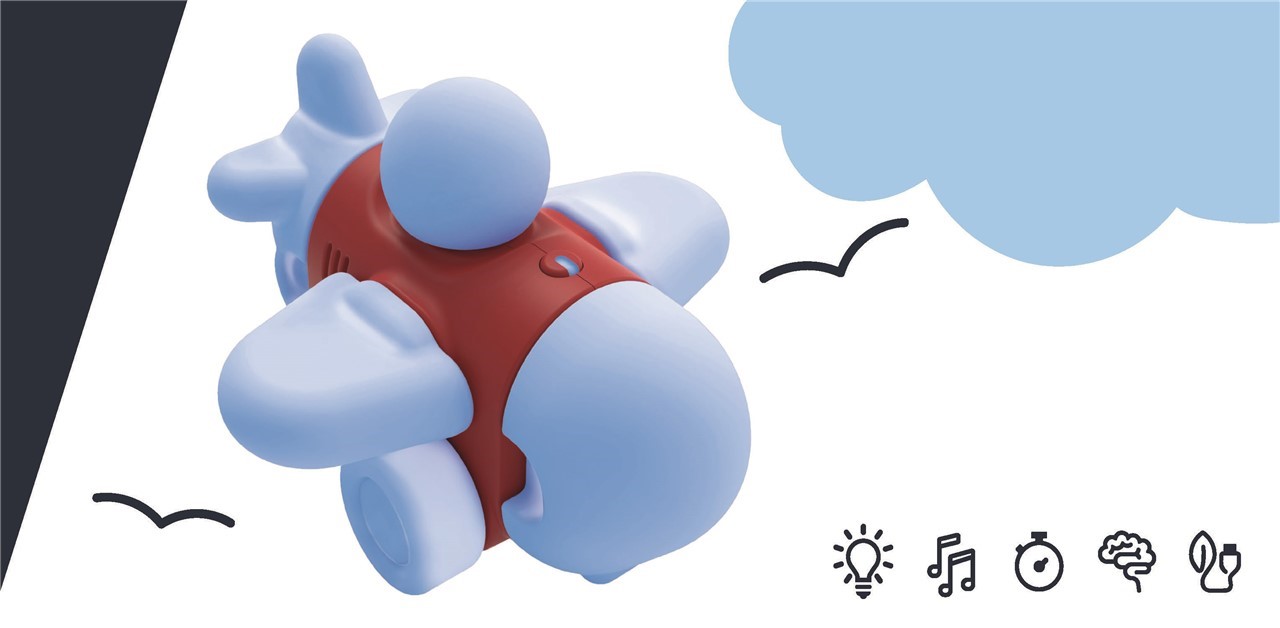 brinquedo avião azul claro e vermelho com fundo branco e azul