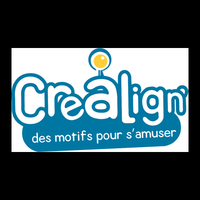 Logótipo da marca Crealign com texto em francês sobre fundo azul