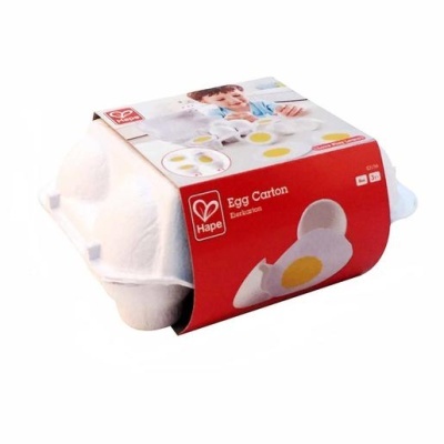 Caixa de ovos de material reciclado com embalagem vermelha e imagens de ovos partidas