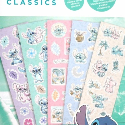 Conjunto de stickers Disney com personagens Stitch em folhas coloridas pastel.
