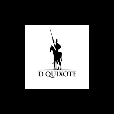 Logótipo D QUIXOTE com silhueta a preto de cavalo e cavaleiro com lança