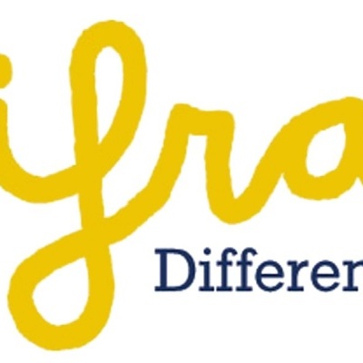 Logótipo difrax amarelo com texto Different. Difrax. em azul