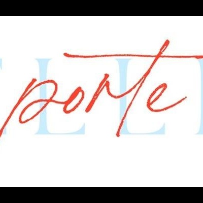 Texto 'porte' em vermelho manuscrito sobre fundo branco com palavra 'ELLE' azul claro ao fundo