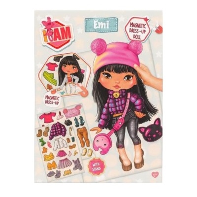 Boneca de vestir magnética Emi com acessórios em embalagem colorida.
