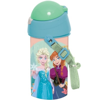 Garrafa infantil de Frozen com tampa azul e verde e alça verde