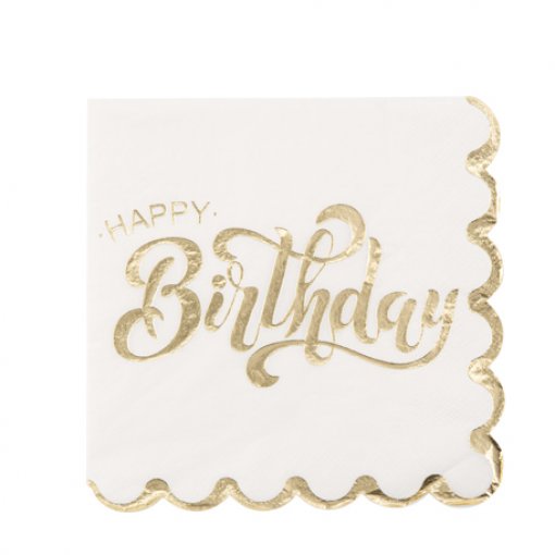 Guardanapo branco com texto dourado Happy Birthday e bordas douradas