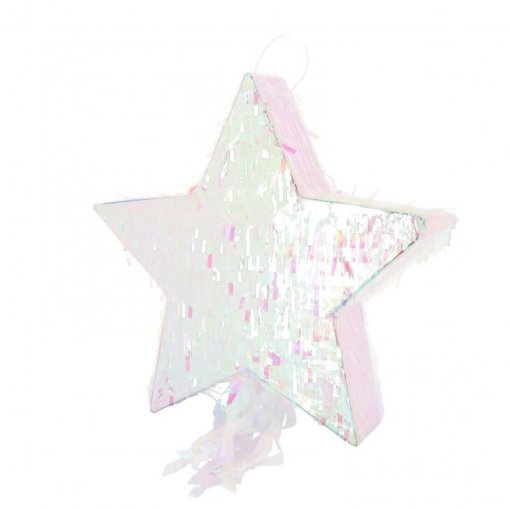 Piñata estrela prateada e rosa com franjas e cordão