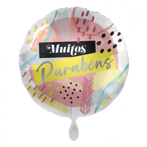 Balão redondo metalizado com texto Muitos Parabéns e padrão colorido