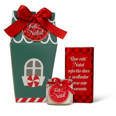 Caixa Casinha de Natal com Mini Vela e Chocolates – Edição Festiva