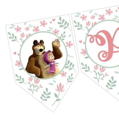 Painéis florais com urso e menina e letras cor-de-rosa