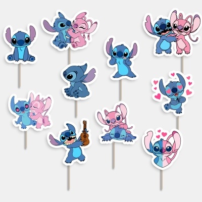 Toppers para bolos com personagens azuis e cor-de-rosa em palitos de madeira