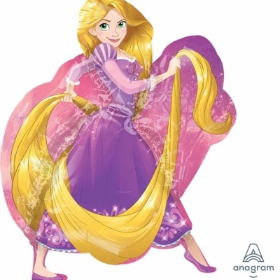 Balão de foil da Rapunzel com vestido roxo e cabelo longo amarelo