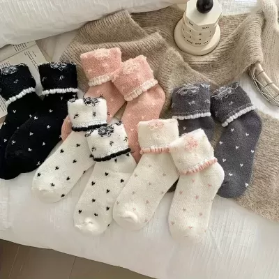 Meias Fuzzy com Laço | 1 Par Quente para Outono e Inverno