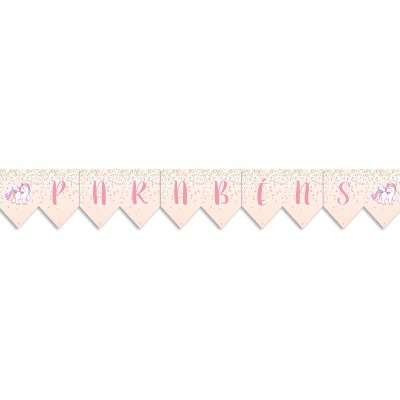 Faixa decorativa cor-de-rosa claro com a palavra PARABÉNS e ilustrações de unicórnios