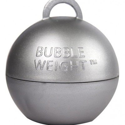 Peso esférico metálico prateado com alça e texto BUBBLE WEIGHT™
