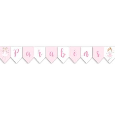 Guirlanda de papel cor-de-rosa e branco com texto paraben e desenhos de menina artista e bailarina