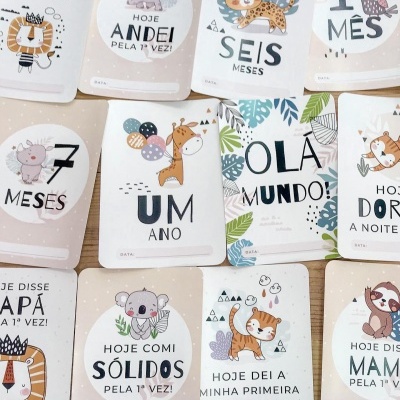 Cartões ilustrados para bebés com textos em português e desenhos de animais.