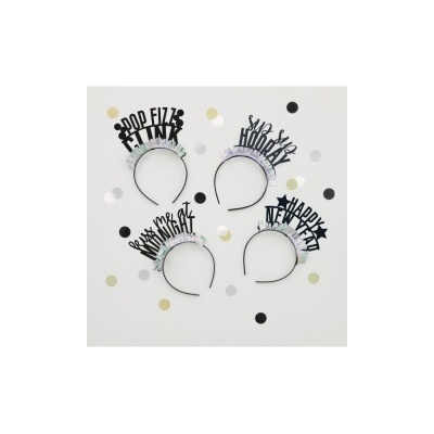 Quatro tiaras pretas com frases de celebração de Ano Novo em inglês sobre fundo branco com confetes.