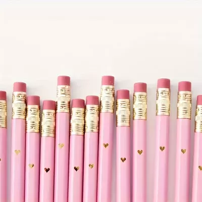 Mini Lápis Rosa com Coração Dourado | Conjunto de 2 Unidades