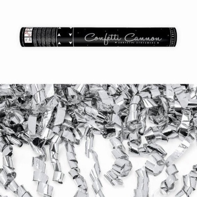 Cano de confetes preto e confetes prateados enrolados