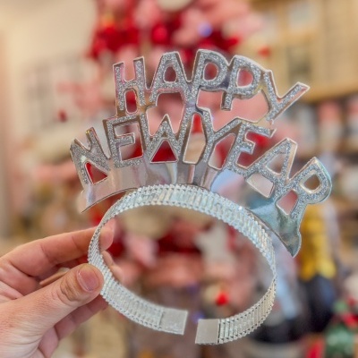 Diadema prateada glitter com texto HAPPY NEW YEAR