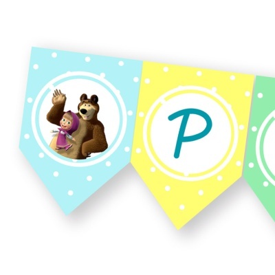 Faixa decorativa com bandeirolas coloridas e personagens animados