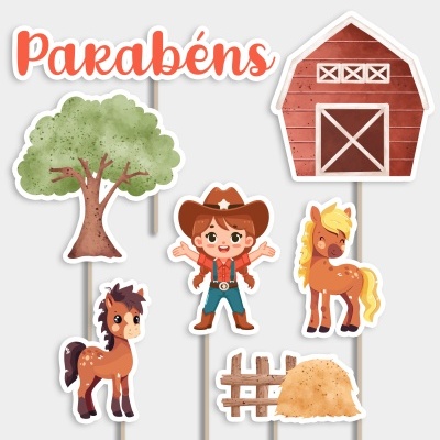 Toppers de bolo tema fazenda com cavalos, celeiro, árvore, menino cowboy e texto Parabéns