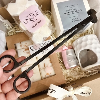 Conjunto de produtos de aromaterapia, blocos de cera, vela aromática, queimador branco de cerâmica e acessórios em caixa de presente