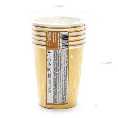 Conjunto de 6 copos de papel amarelos com estrelas brancas embalados em plástico.