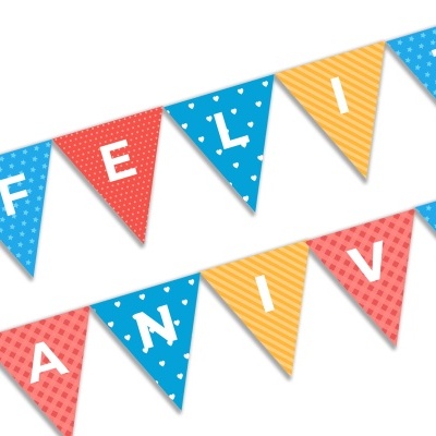 Faixa decorativa colorida com letras brancas