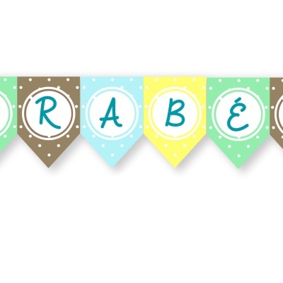 faixa decorativa com letras PARABÉNS e personagens animados nas extremidades