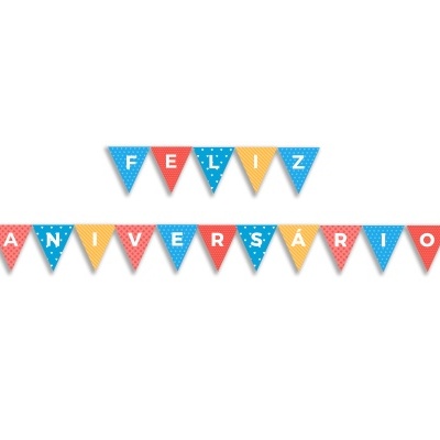 Bandeirinhas triangulares coloridas com texto FELIZ ANIVERSÁRIO para decoração.