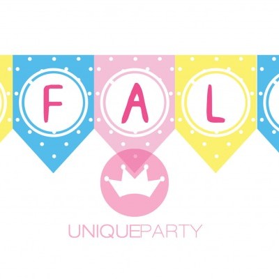 Faixa decorativa azul e amarela com letras MAFALDA e personagem Peppa Pig