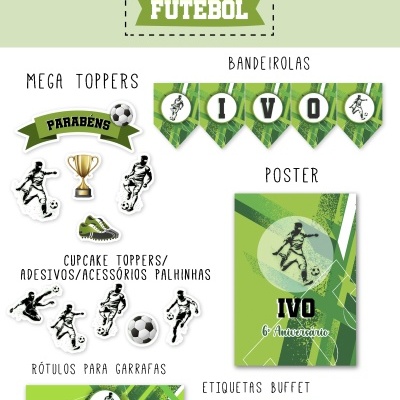 Kit de festa digital futebol com toppers, bandeirolas, poster, adesivos, rótulos e etiquetas em verde e branco
