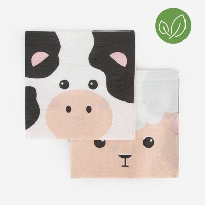 Dois guardanapos de papel com estampas de vaca e ovelha e ícone verde com folhas