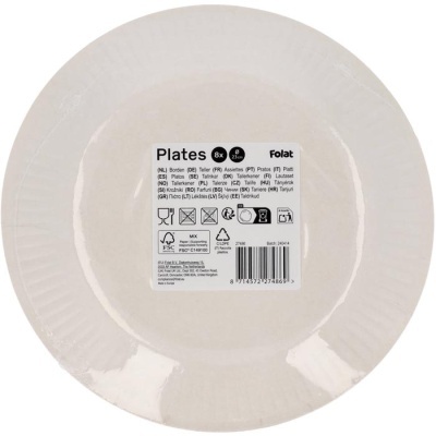 Prato branco descartável biodegradável com etiqueta informativa e código de barras no centro