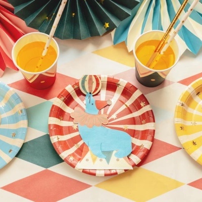 Pratos de papel coloridos decorativos com desenhos de llama, copos de papel com canudos dourados e decoração em papel colorido.