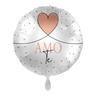 Balão redondo branco com corações cor de rosa e texto 'AMO Te'