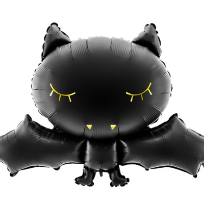 Balão preto em forma de morcego com olhos amarelos fechados