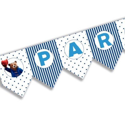 Faixa decorativa com letras e imagem de um urso castanho num casaco azul