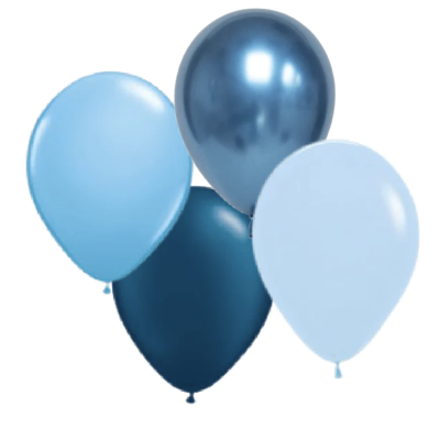 Balões azuis de látex com textura lisa, quatro unidades, fundo branco