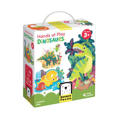 Embalagem de jogo de puzzles para crianças com tema dinossauros, da marca Banana Panda, para maiores de 3 anos.